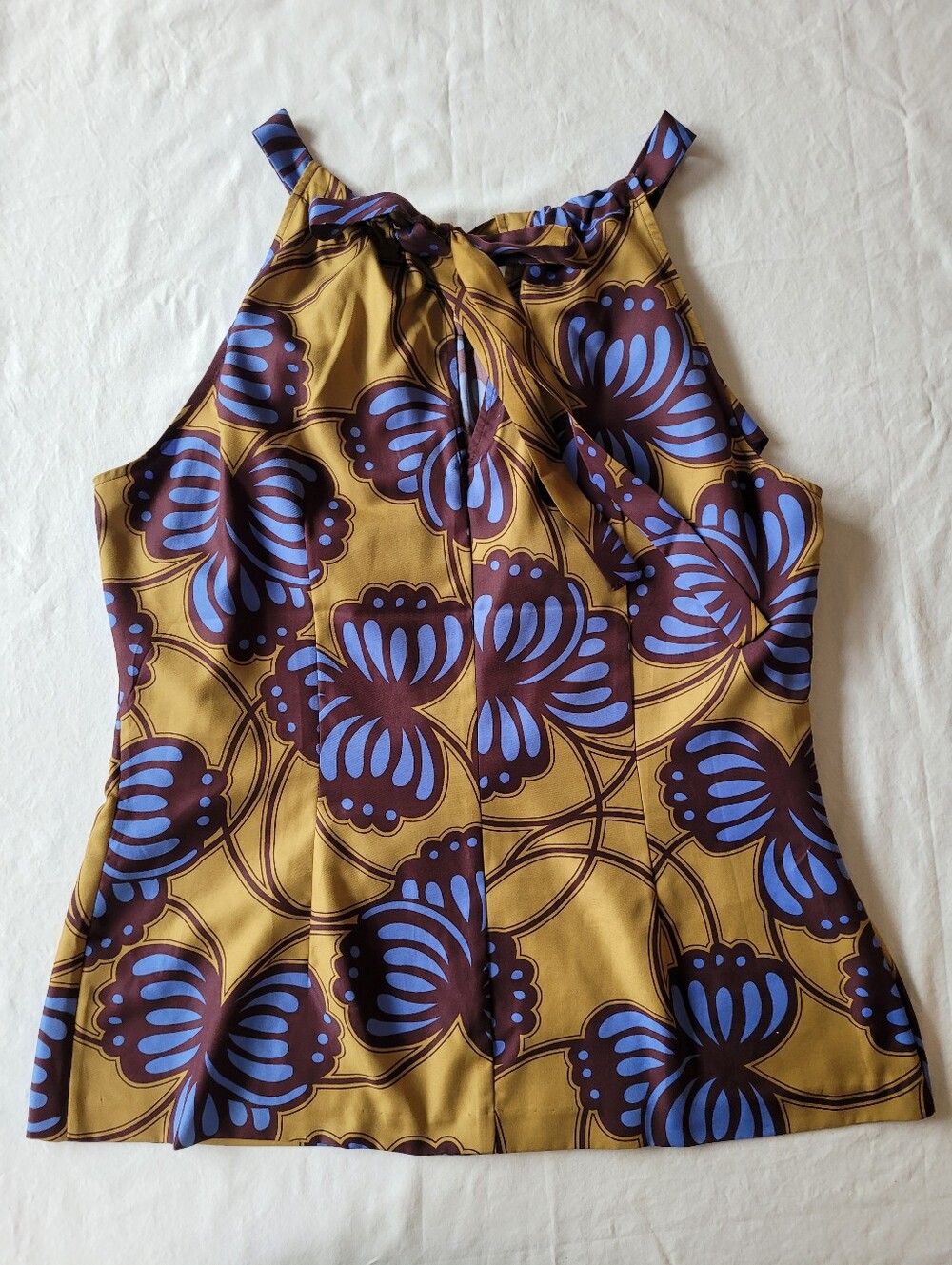 Banana Republic Sleeveless Tie-Neck Floral Print Top in Mustard, Blue & Brown L
